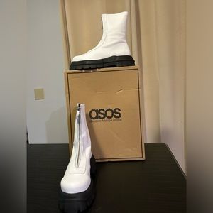 ASOS white leather chunky black bottom zip front boots